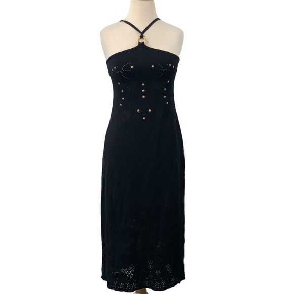 Escada Dresses & Skirts - ESCADA Women's Halter Dress Gold Star Stud Eyelet Knit Black Midi Size 38/Medium